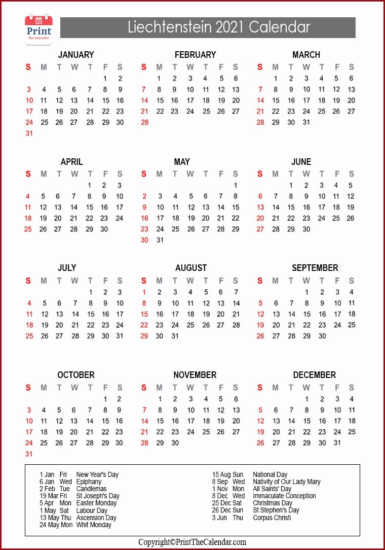 Liechtenstein Printable Calendar 2021
